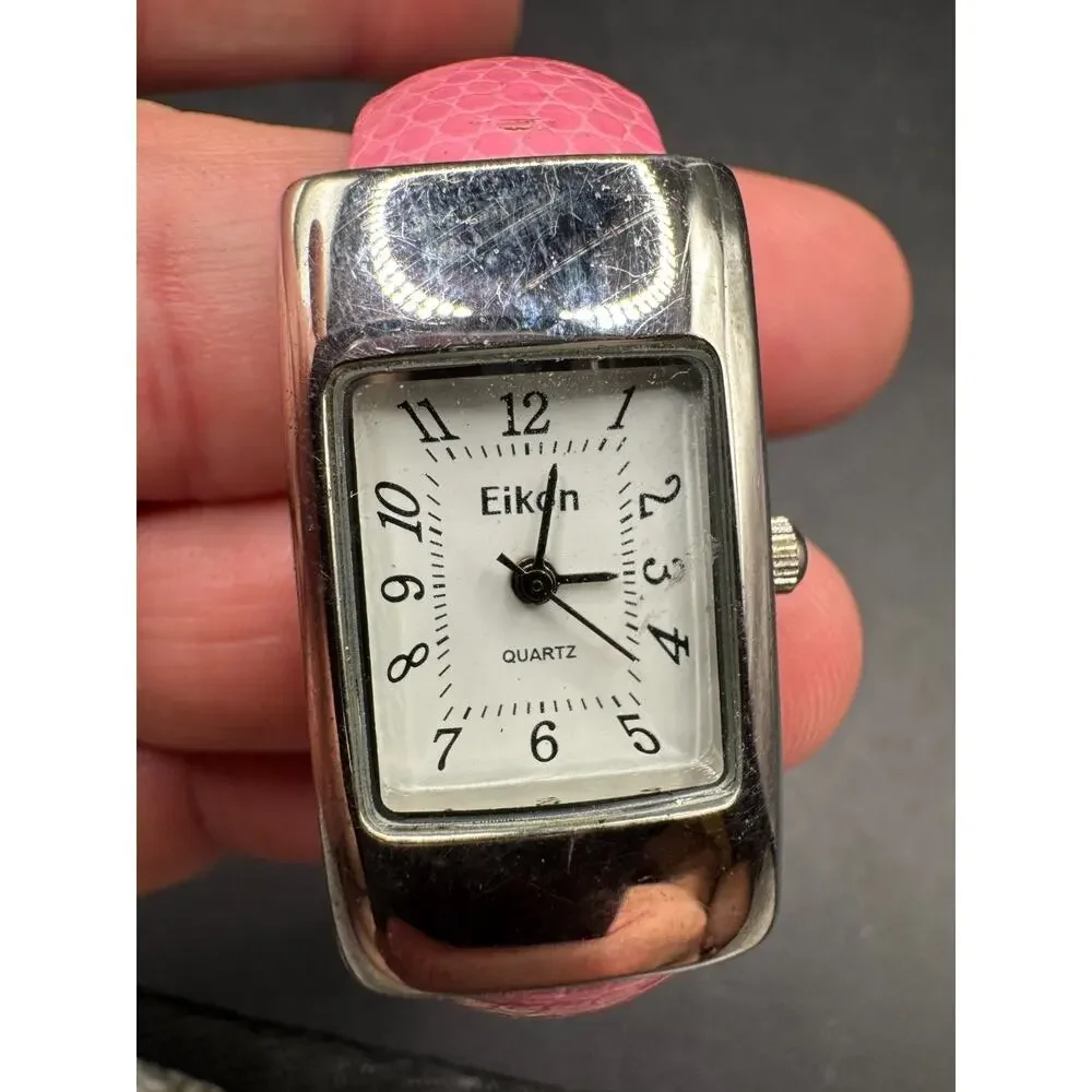 Eikon Analog Wristwatch Pink Leathe Cuff Band Silver Tone Rectangular White Face